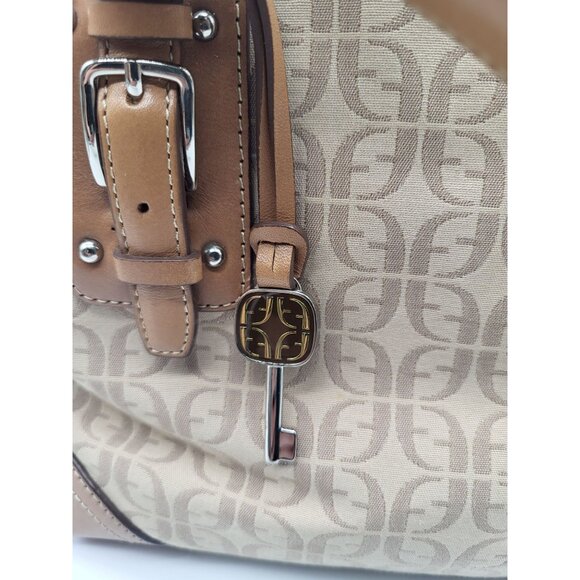 VTG FOSSIL Women's Hand Bag Purse Brown Tan Logo Key Leather Canvas - Picture 8 of 11